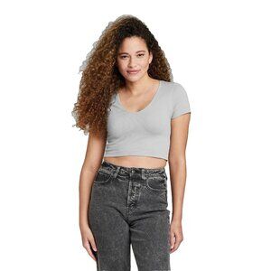 Wild Fable Seamless & Ribbed V-Neck SS Light Gray Crop Top -- Women's Size XXS